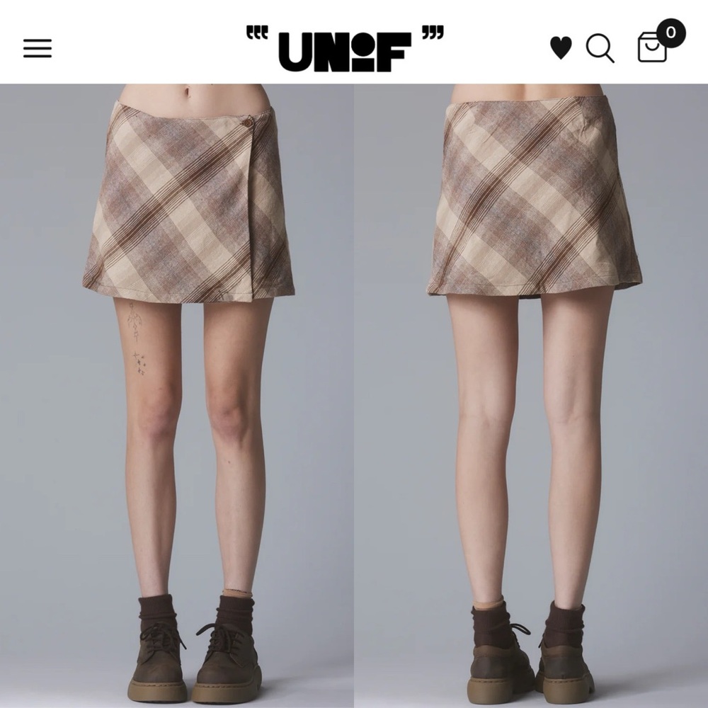 UNIF WITZ SKIRT L Mini Wrap Linen Blend Brown Cream Plaid Academia Schoolgirl - Picture 3 of 14